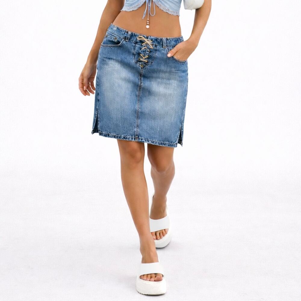 Y2K Canyon River Blues Lace Up Denim Midi Skirt Size 7